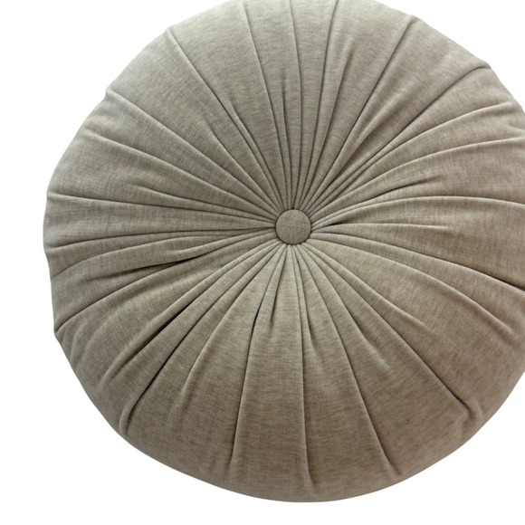 15" Round Tufted Accent Pillow Floor Cushion Neutral Soft Velvet, Cream Color - Picture 2 of 7